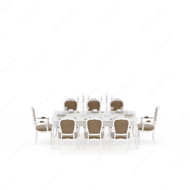 欧式现代白色餐桌餐椅组合3D模型