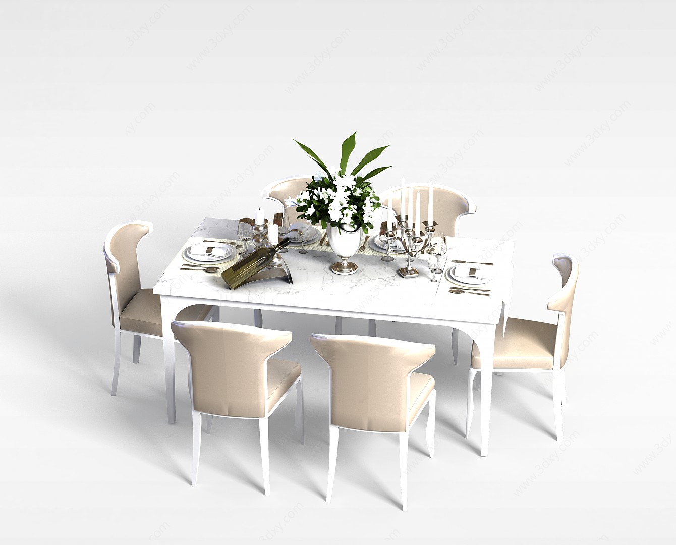 简约白色欧式餐桌餐椅组合3D模型