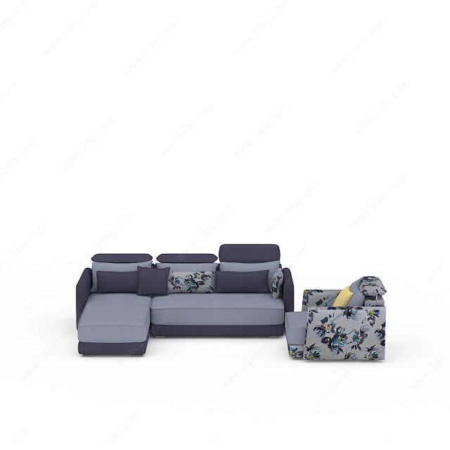 精品紫色印花布艺沙发套装3D模型