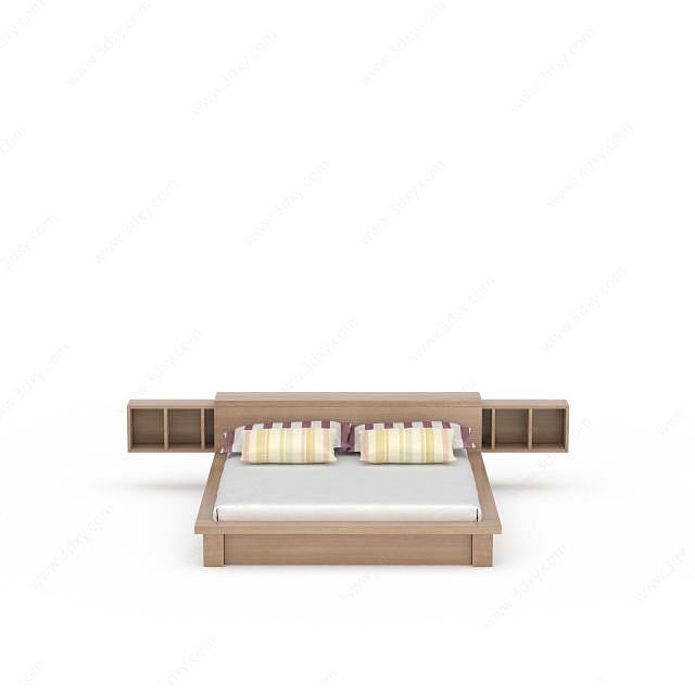 简约实木床头柜双人床组合3D模型