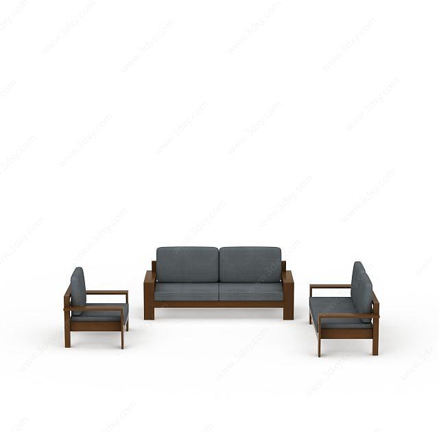 现代灰色布艺实木组合沙发3D模型