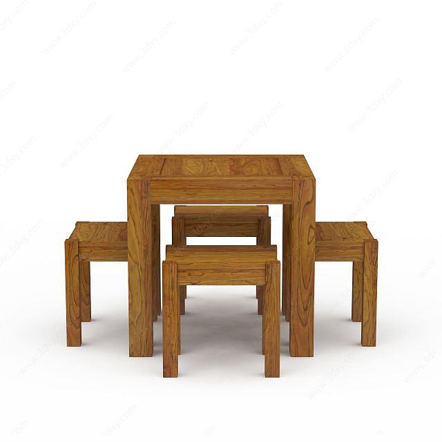 中式实木餐桌餐椅餐凳组合3D模型