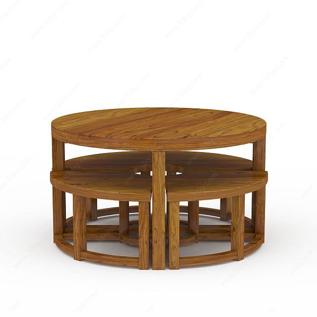 中式老榆木圆桌圆椅3D模型