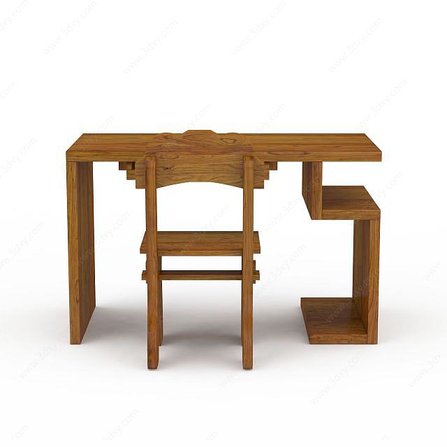 创意实木雕花电脑桌椅3D模型