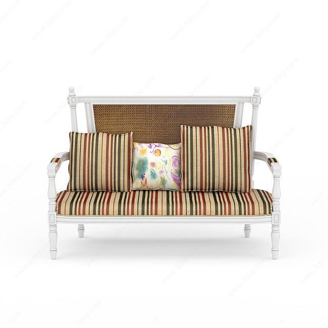 精品白色实木条纹布艺双人沙发椅3D模型