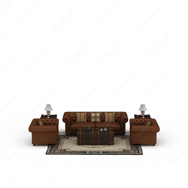 现代美式软包咖啡色组合沙发3D模型