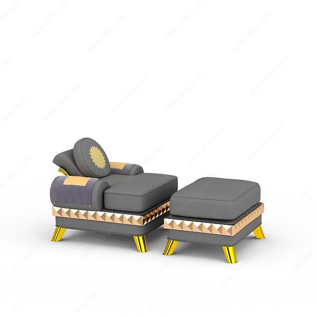 欧式灰色布艺沙发脚凳组合3D模型