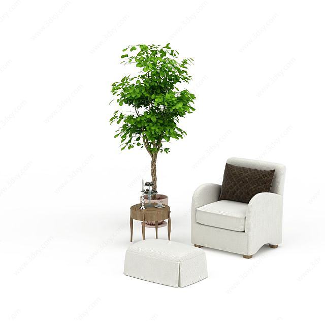 现代白色布艺沙发脚凳组合3D模型