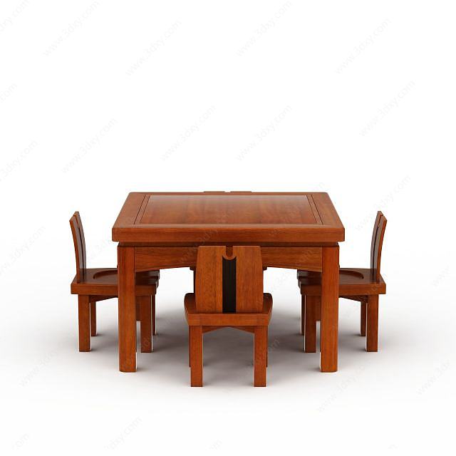 中式实木方桌方椅组合3D模型