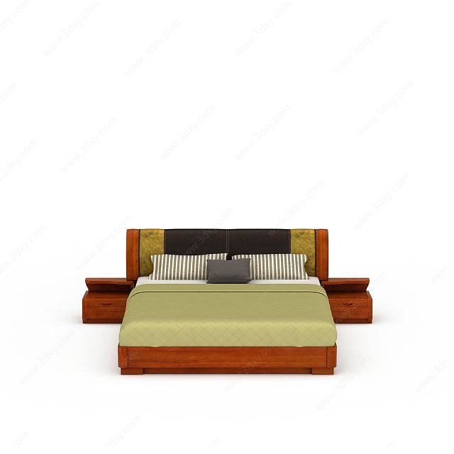 简约中式实木双人床3D模型