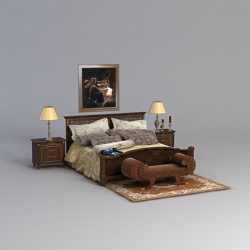 复古欧式双人床床具组合3D模型