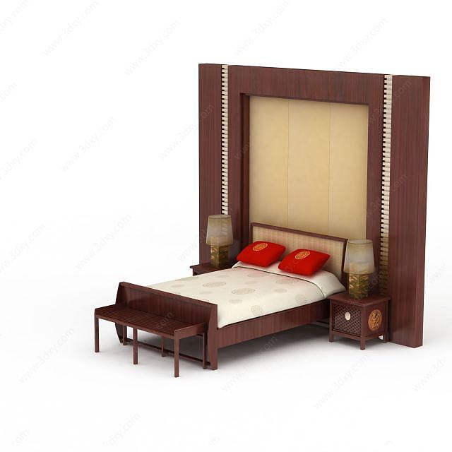 中式卧室双人床3D模型