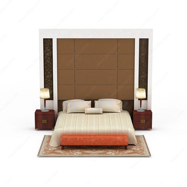 现代卧室背景墙双人床3D模型