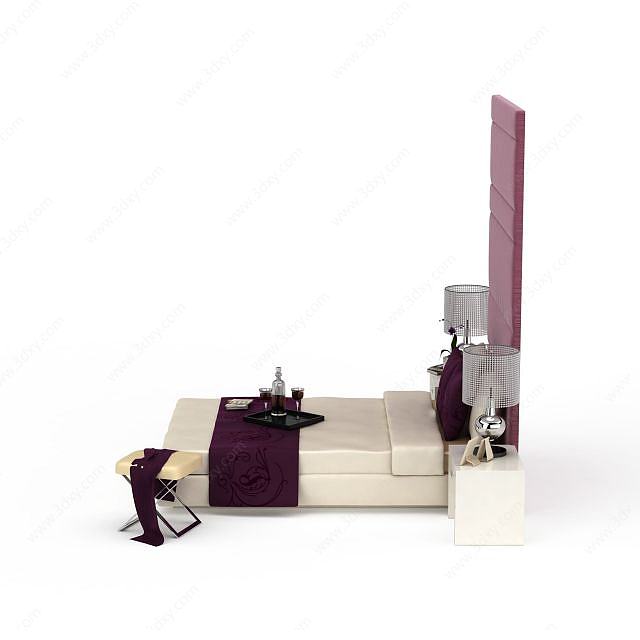紫色软包现代双人床3D模型