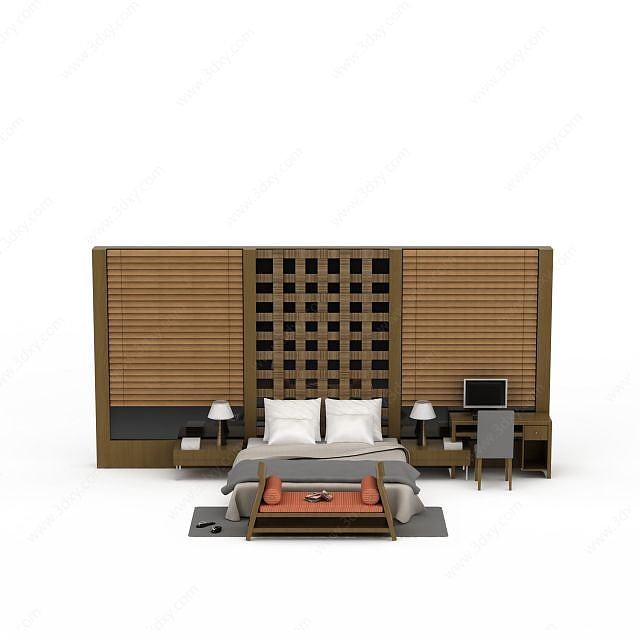 日式实木双人床3D模型