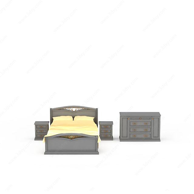 欧式床头柜双人床组合3D模型
