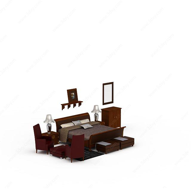 中式卧室家具组合3D模型