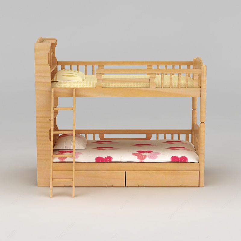 带储物实木儿童上下床3D模型