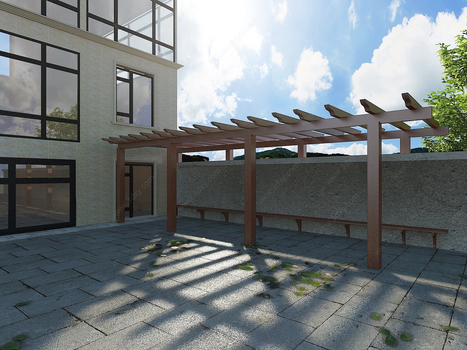别墅木质廊架3D模型