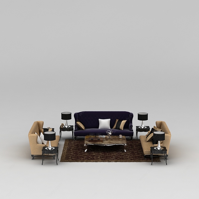 美式软包沙发茶几组合3D模型