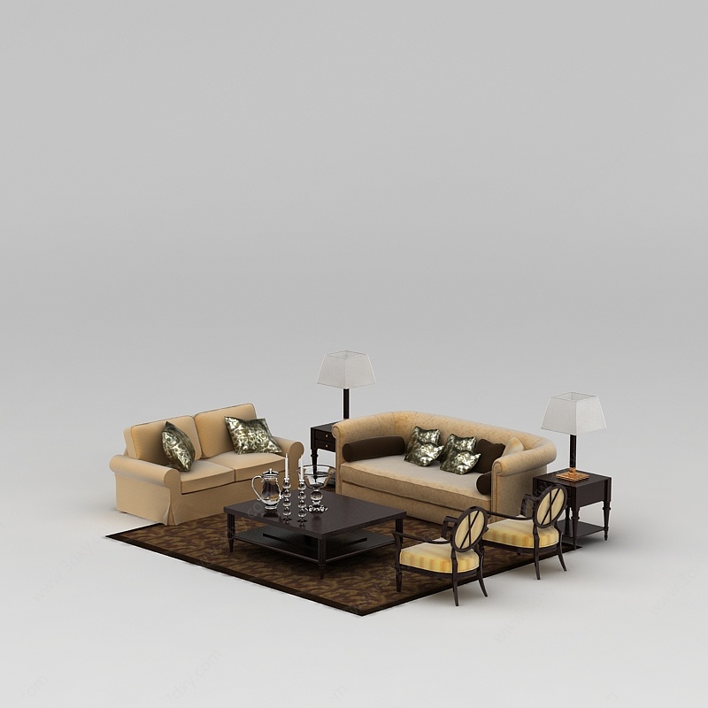 精品布艺沙发套装沙发茶几组合3D模型