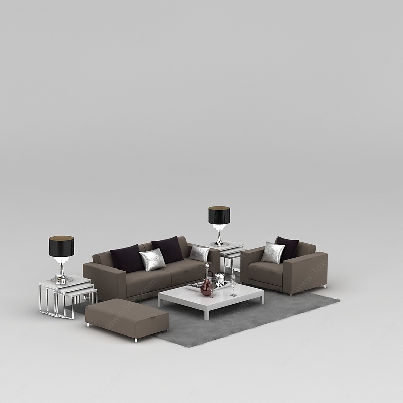 现代浅咖色布艺沙发茶几套装3D模型