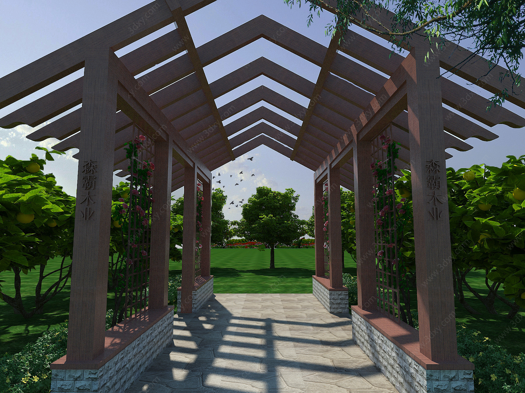 户外休闲木质廊架3D模型