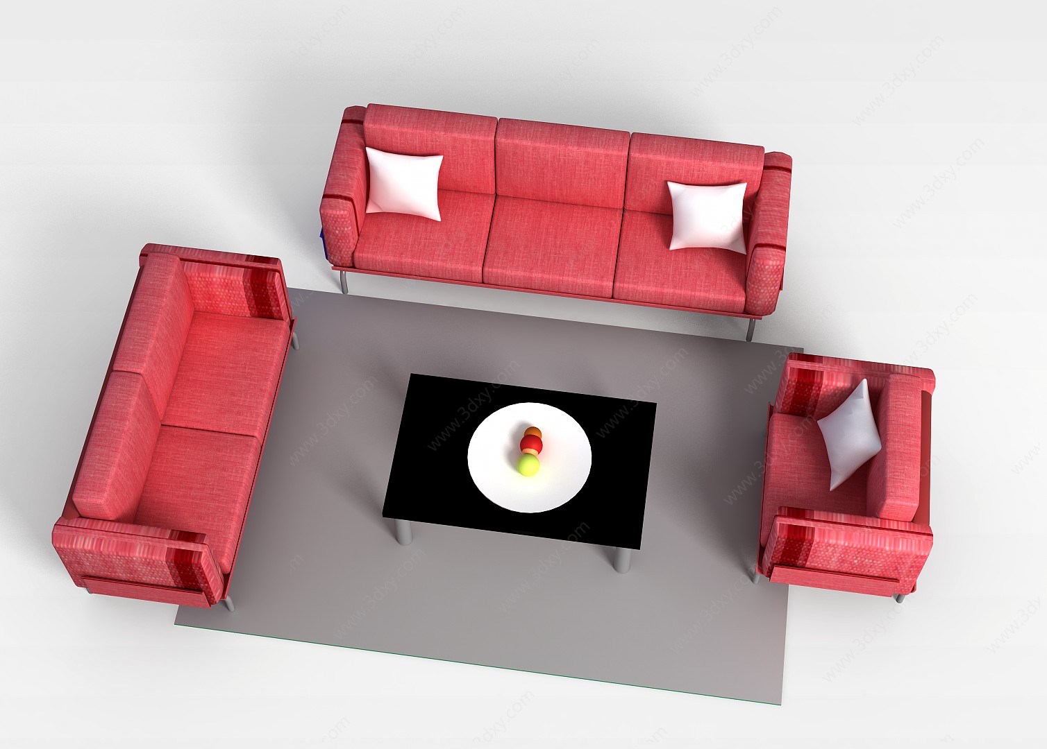 西瓜红现代布艺沙发组合3D模型