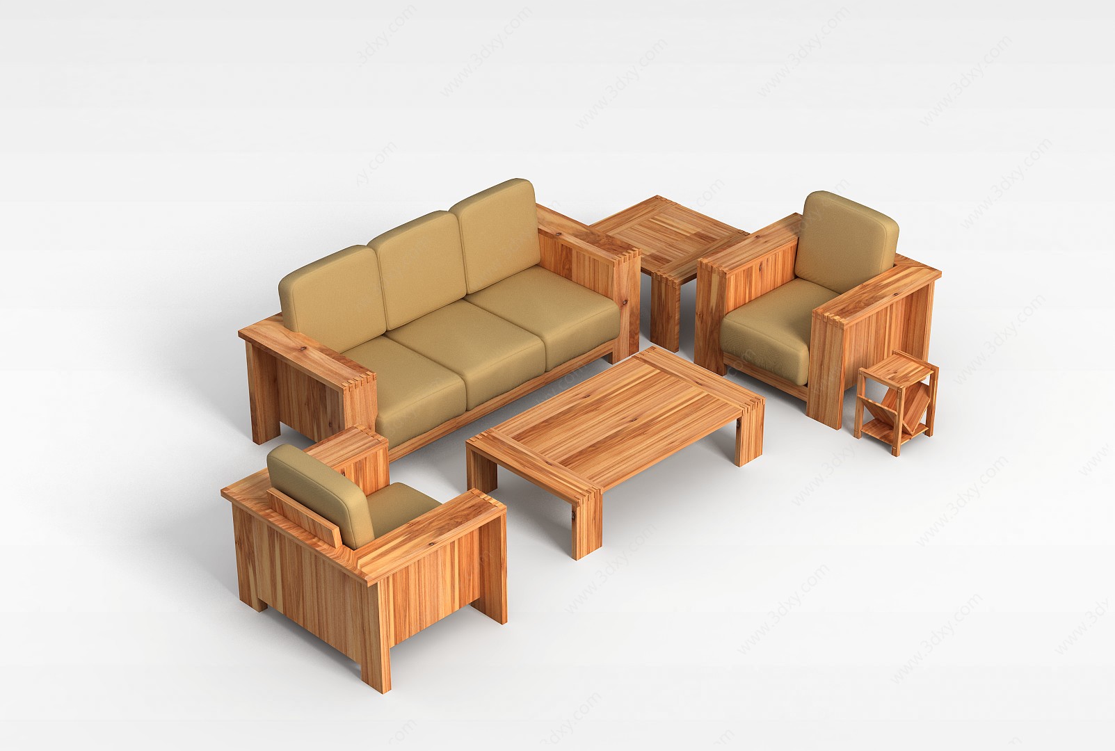 原木实木沙发茶几组合3D模型