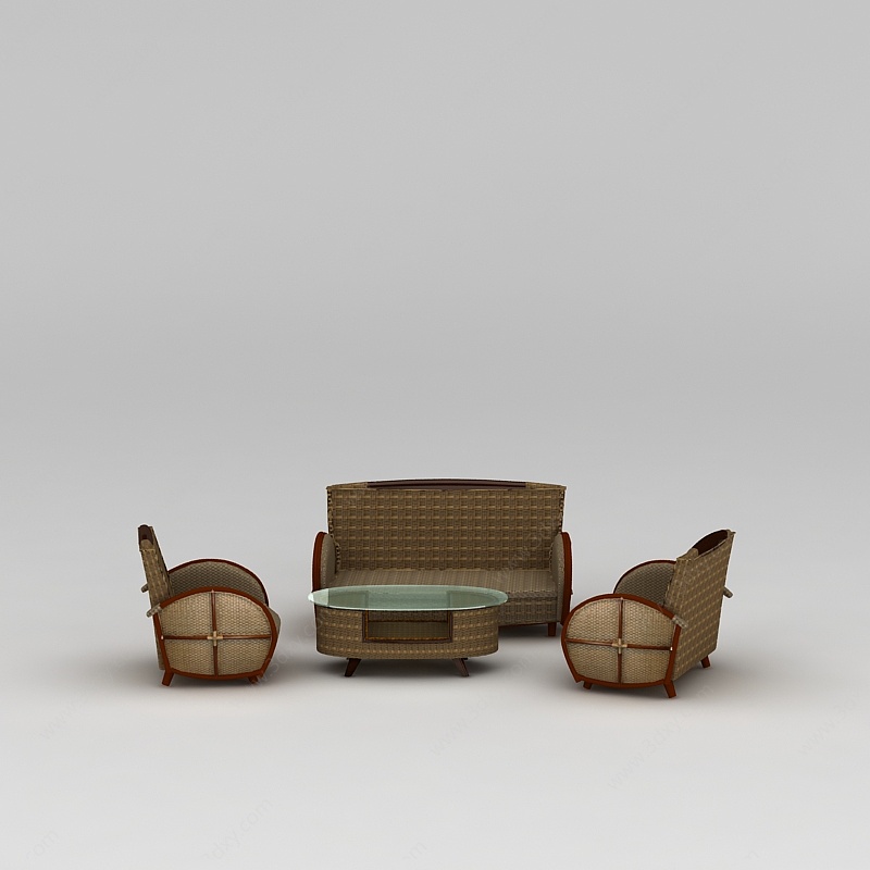 藤编沙发茶几组合3D模型