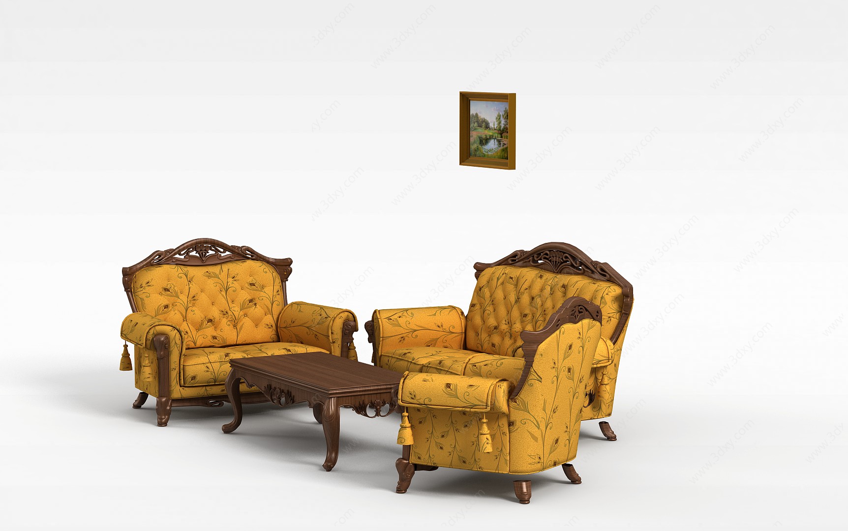 欧式雕花实木软靠沙发组合3D模型