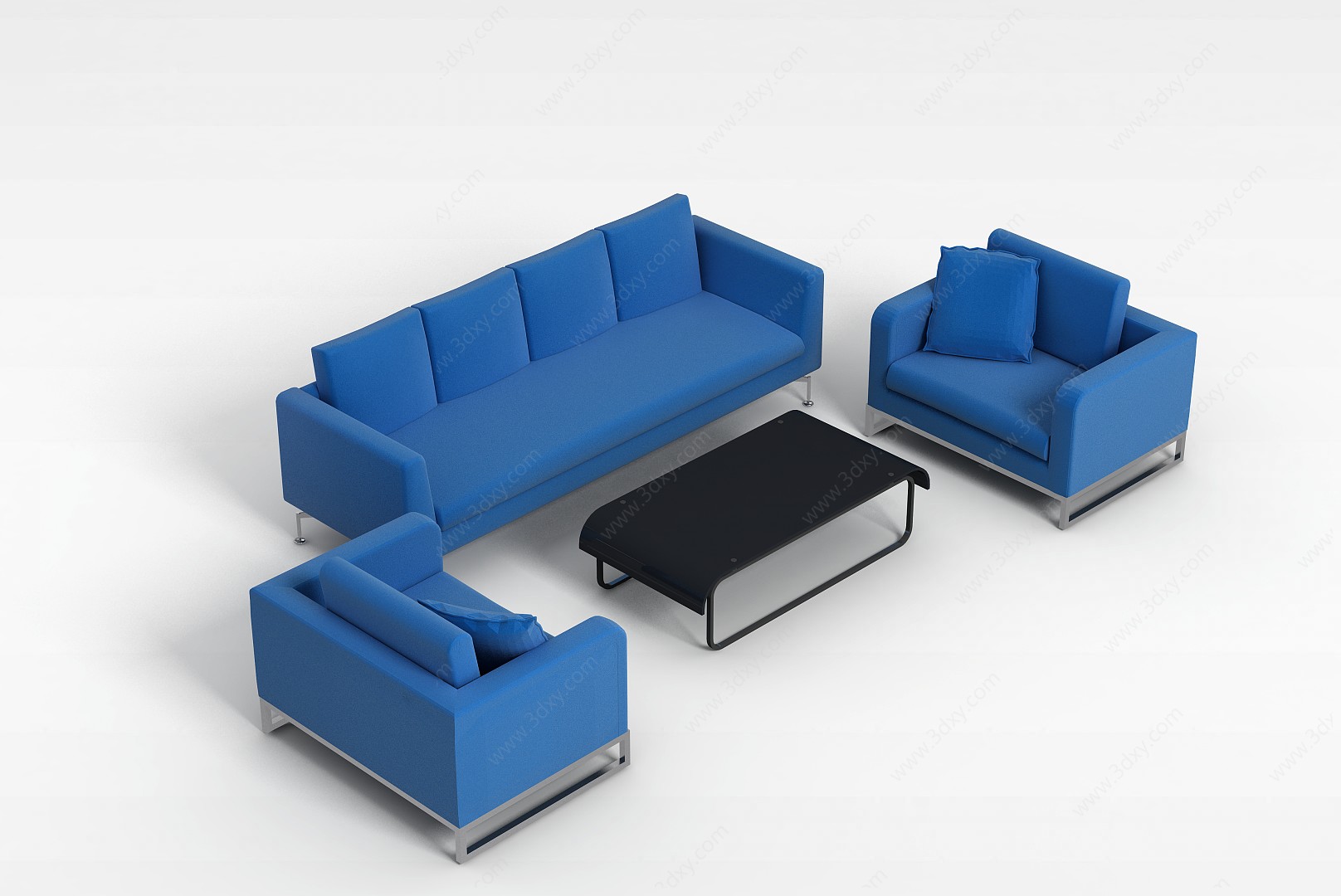 蓝色现代布艺沙发组合3D模型