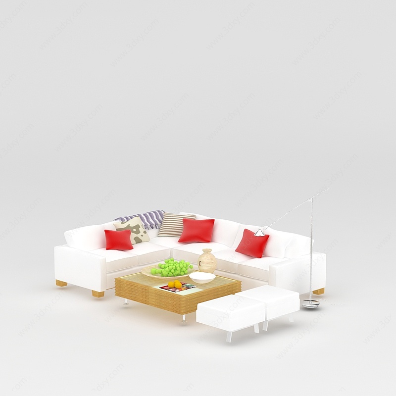 现代白色布艺沙发茶几组合3D模型