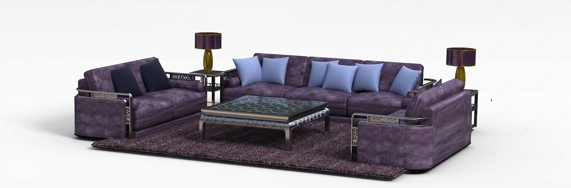 欧式紫色布艺沙发茶几组合3D模型