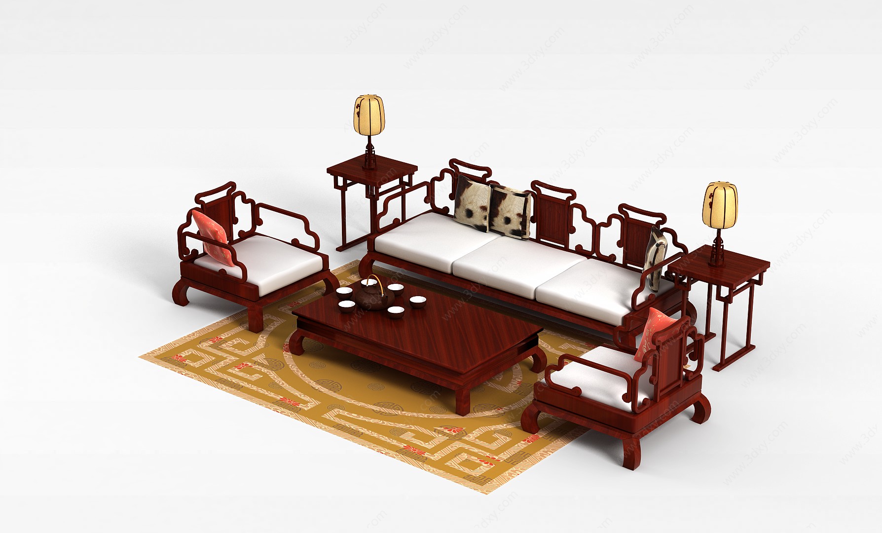 中式红木雕花沙发茶几组合3D模型