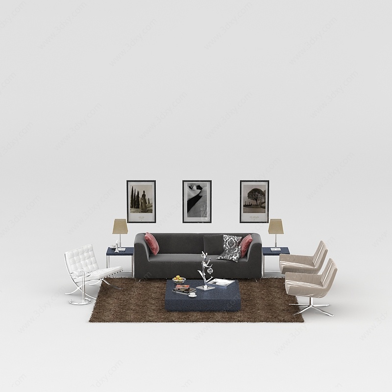 现代会客厅布艺沙发3D模型