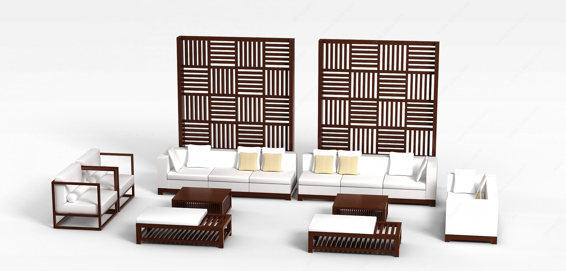 简约中式实木沙发茶几屏风组合3D模型