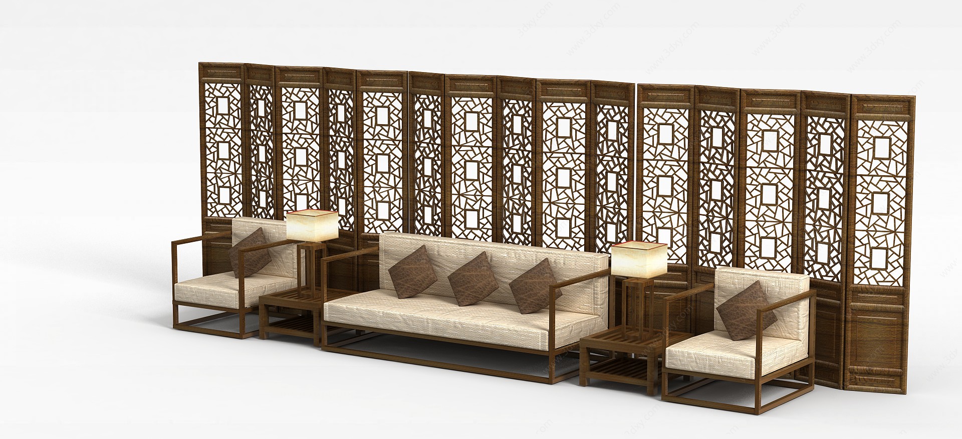 中式实木沙发茶几屏风组合3D模型