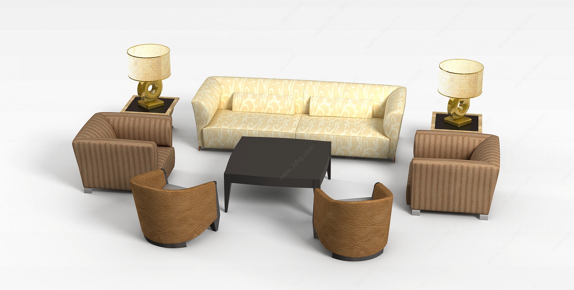 现代条纹印花布艺沙发茶几组合3D模型