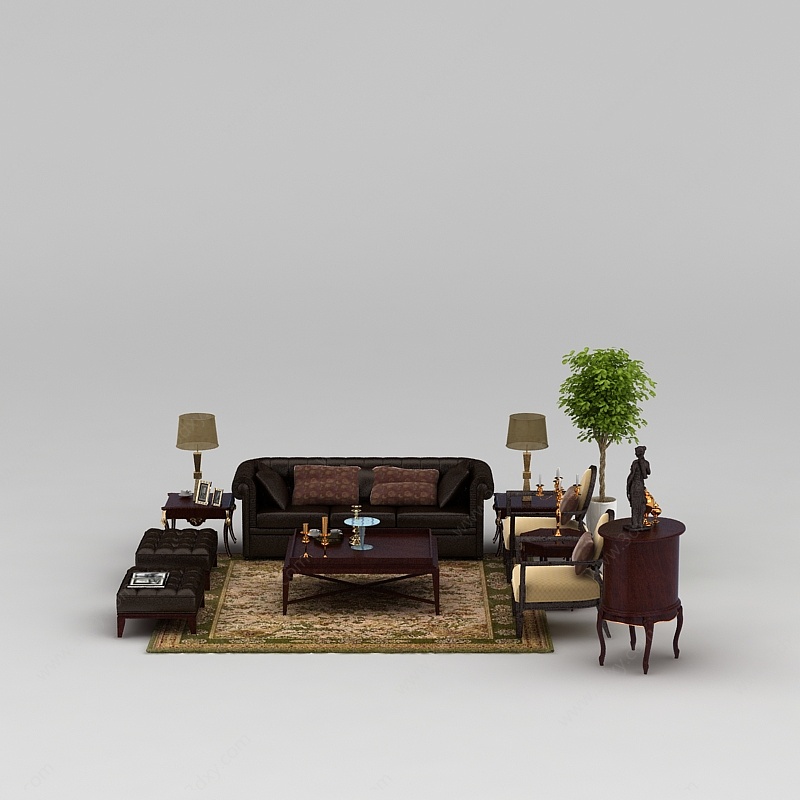 精美中式皮沙发茶几组合3D模型