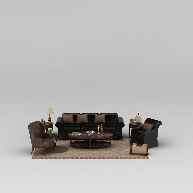 欧式黑色皮质组合沙发3D模型