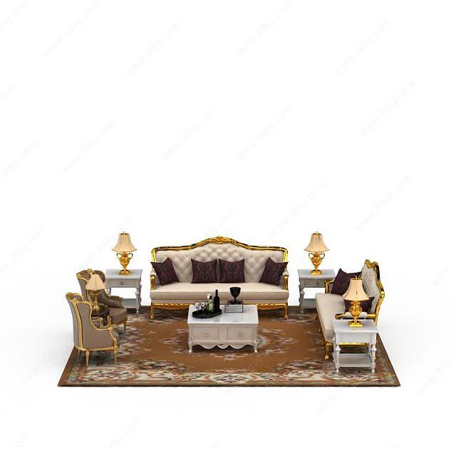 欧式软包沙发茶几组合3D模型