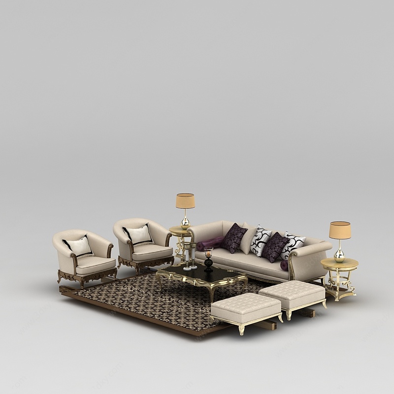 欧式米色软包布艺组合沙发3D模型