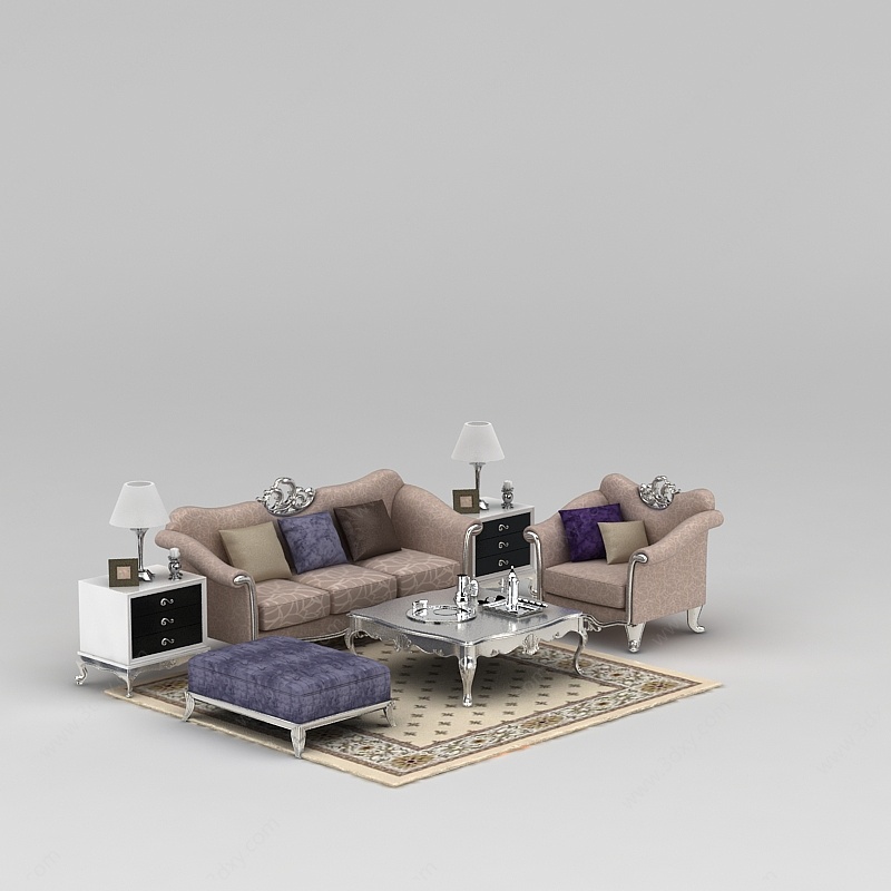 欧式条纹印花布艺组合沙发3D模型