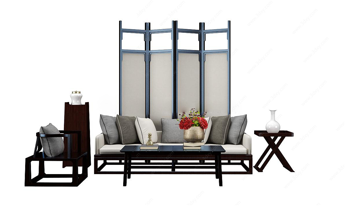 现代中式客厅沙发屏风组合3D模型