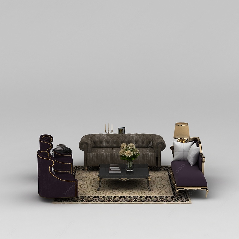欧式印花软包组合沙发3D模型