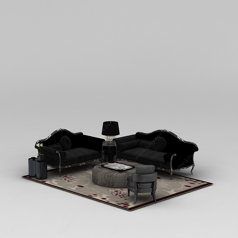 欧式精品黑色绒布沙发套装3D模型