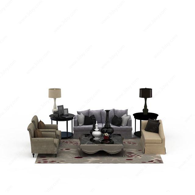 现代布艺沙发茶几组合3D模型