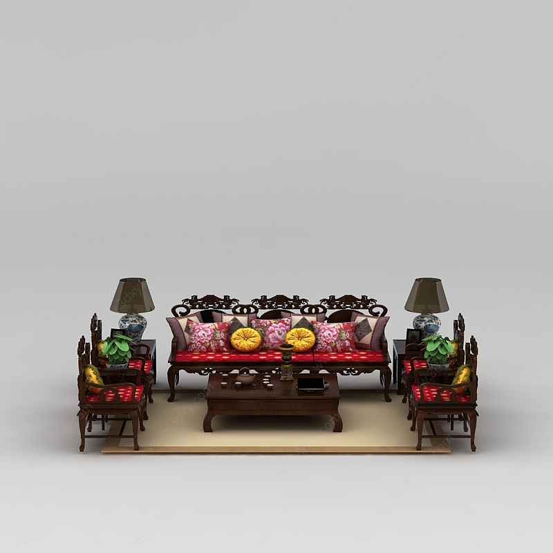 中式实木沙发茶几组合3D模型