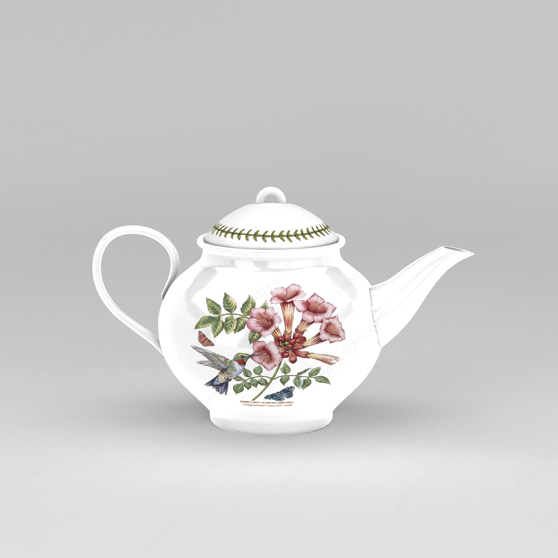 中式印花陶瓷茶壶摆件3D模型